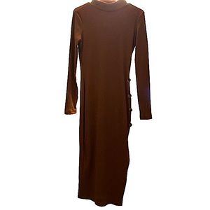 SHEIN Mock-neck Button Detail Split Side Rib-knit Dress brown/tan XS